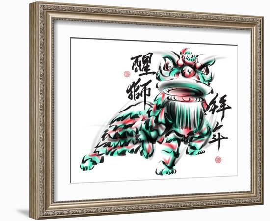 Ink Painting Of Chinese Lion Dance. Translation Of Chinese Text: The Consciousness Of Lion-yienkeat-Framed Art Print