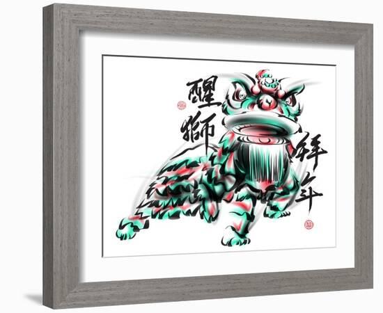 Ink Painting Of Chinese Lion Dance. Translation Of Chinese Text: The Consciousness Of Lion-yienkeat-Framed Art Print