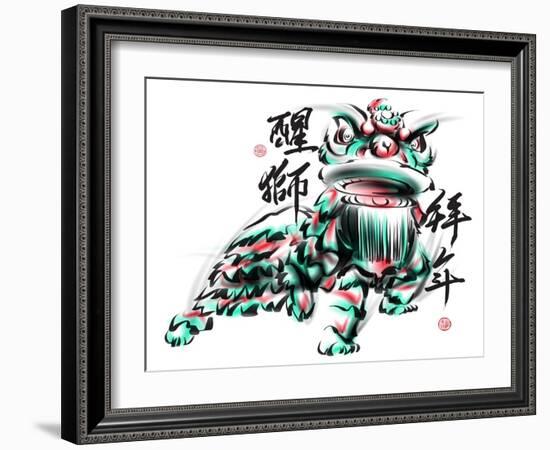 Ink Painting Of Chinese Lion Dance. Translation Of Chinese Text: The Consciousness Of Lion-yienkeat-Framed Art Print