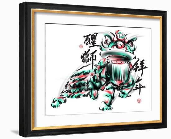 Ink Painting Of Chinese Lion Dance. Translation Of Chinese Text: The Consciousness Of Lion-yienkeat-Framed Art Print