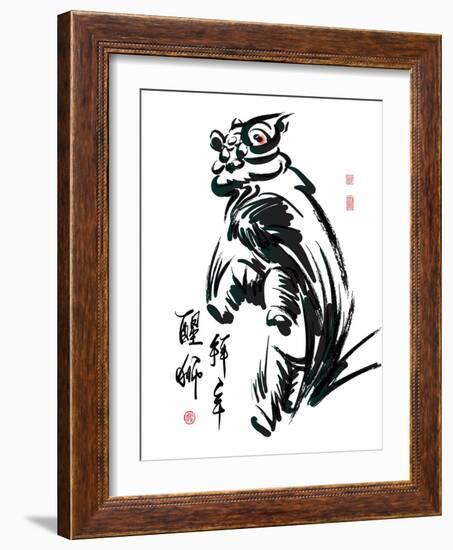 Ink Painting Of Chinese Lion Dance Translation Of Chinese Text: The Consciousness Of Lion-yienkeat-Framed Art Print