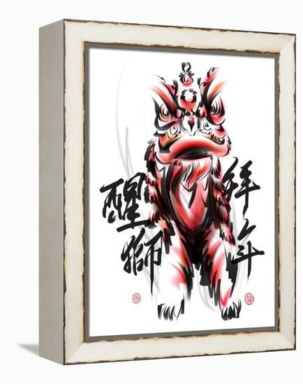 Ink Painting Of Chinese Lion Dance. Translation Of Chinese Text: The Consciousness Of Lion-yienkeat-Framed Stretched Canvas