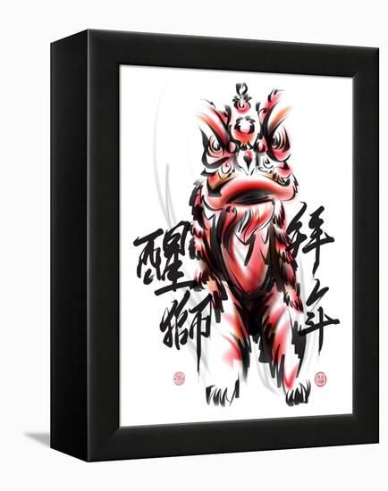 Ink Painting Of Chinese Lion Dance. Translation Of Chinese Text: The Consciousness Of Lion-yienkeat-Framed Stretched Canvas