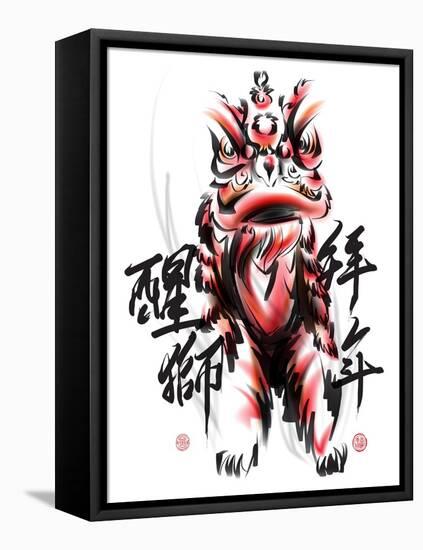 Ink Painting Of Chinese Lion Dance. Translation Of Chinese Text: The Consciousness Of Lion-yienkeat-Framed Stretched Canvas