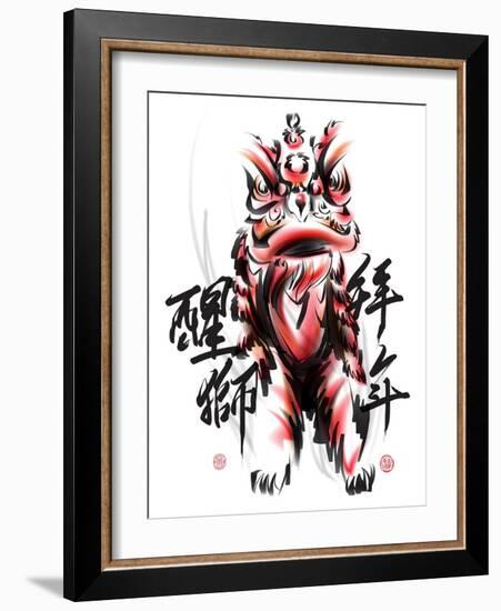 Ink Painting Of Chinese Lion Dance. Translation Of Chinese Text: The Consciousness Of Lion-yienkeat-Framed Art Print