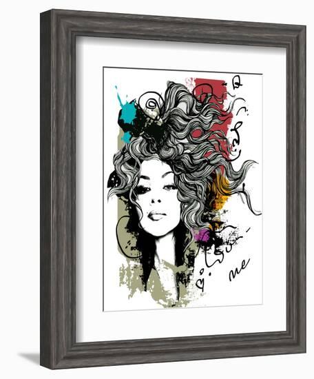 Ink Print with Girl and Decorative Hair for T-Shirt-A Frants-Framed Art Print