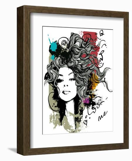 Ink Print with Girl and Decorative Hair for T-Shirt-A Frants-Framed Art Print