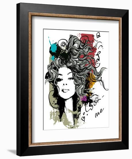 Ink Print with Girl and Decorative Hair for T-Shirt-A Frants-Framed Art Print