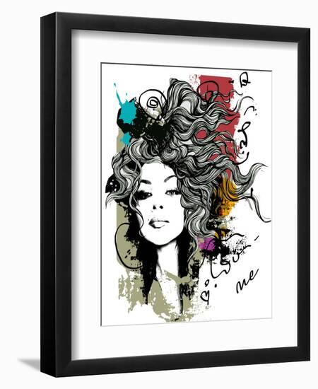 Ink Print with Girl and Decorative Hair for T-Shirt-A Frants-Framed Art Print
