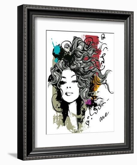 Ink Print with Girl and Decorative Hair for T-Shirt-A Frants-Framed Art Print