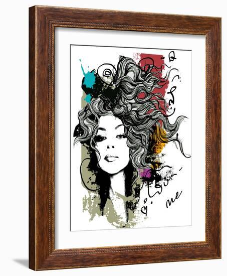 Ink Print with Girl and Decorative Hair for T-Shirt-A Frants-Framed Art Print