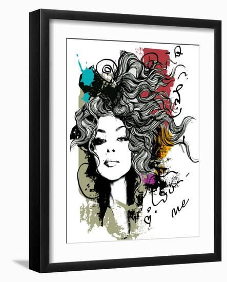 Ink Print with Girl and Decorative Hair for T-Shirt-A Frants-Framed Art Print