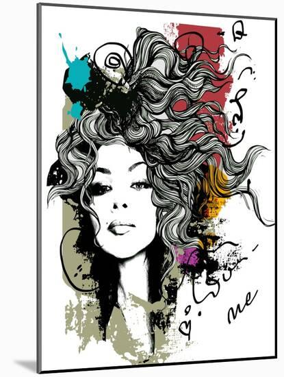 Ink Print with Girl and Decorative Hair for T-Shirt-A Frants-Mounted Art Print