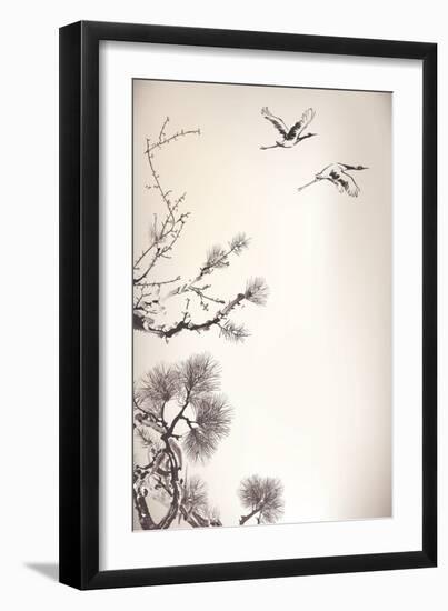 Ink Style Pine Tree and Birds-baoyan-Framed Art Print