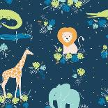 Vector Wildlife Seamless Pattern with Tropical Animals, Elephant, Crocodile, Lion, Giraffe-Inna Moreva-Framed Premium Giclee Print