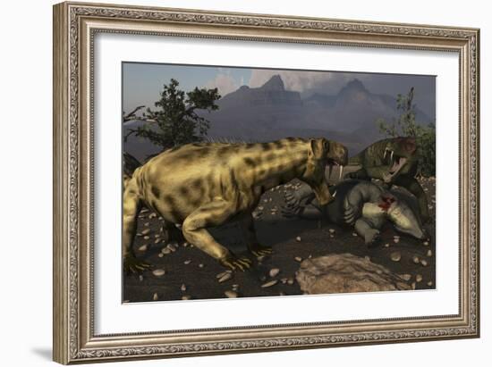 Inostrancevia Moving in on a Kill Made by a Doliosauriscus-Stocktrek Images-Framed Art Print