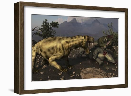 Inostrancevia Moving in on a Kill Made by a Doliosauriscus-Stocktrek Images-Framed Art Print