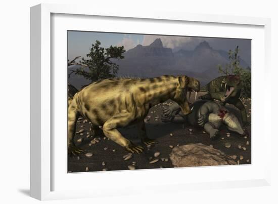 Inostrancevia Moving in on a Kill Made by a Doliosauriscus-Stocktrek Images-Framed Art Print