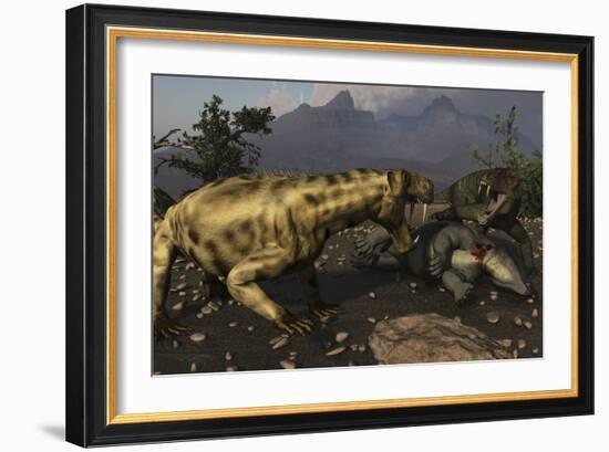 Inostrancevia Moving in on a Kill Made by a Doliosauriscus-Stocktrek Images-Framed Art Print