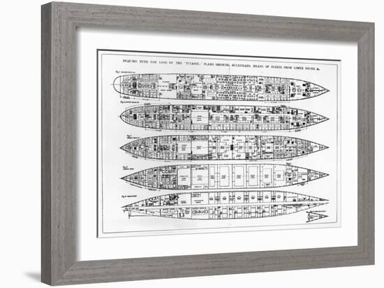 Inquiry in the Loss of the Titanic: Cross Sections of the Ship (Engraving) (B/W Photo)-English-Framed Giclee Print