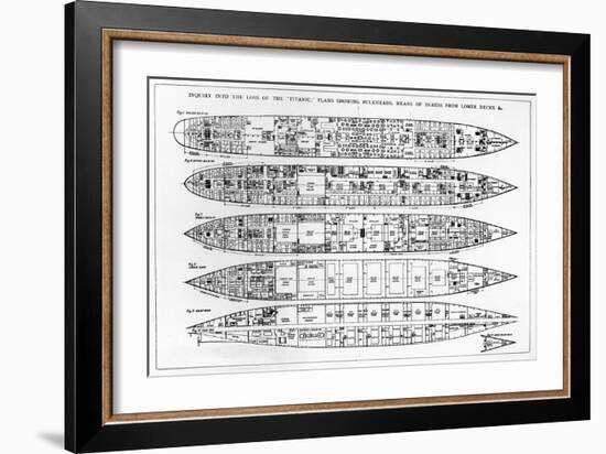 Inquiry in the Loss of the Titanic: Cross Sections of the Ship (Engraving) (B/W Photo)-English-Framed Giclee Print