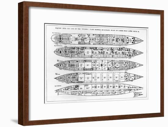 Inquiry in the Loss of the Titanic: Cross Sections of the Ship (Engraving) (B/W Photo)-English-Framed Giclee Print