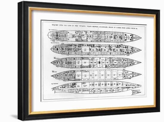 Inquiry in the Loss of the Titanic: Cross Sections of the Ship (Engraving) (B/W Photo)-English-Framed Giclee Print