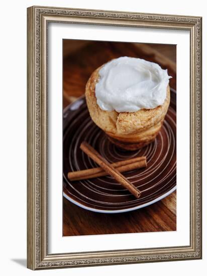 Inside Out Cinnamon Bun Shaped Like A Cupcake Garnished With Light Cream Cheese Icing-Shea Evans-Framed Photographic Print