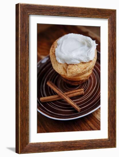 Inside Out Cinnamon Bun Shaped Like A Cupcake Garnished With Light Cream Cheese Icing-Shea Evans-Framed Photographic Print