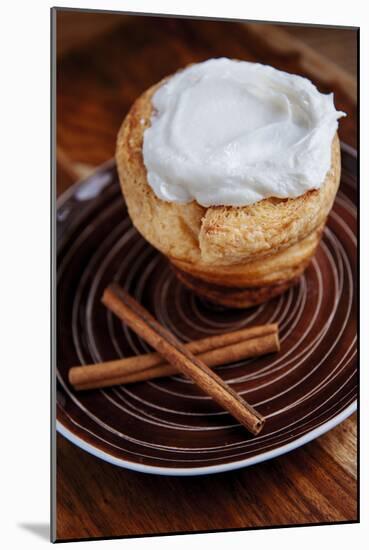 Inside Out Cinnamon Bun Shaped Like A Cupcake Garnished With Light Cream Cheese Icing-Shea Evans-Mounted Photographic Print