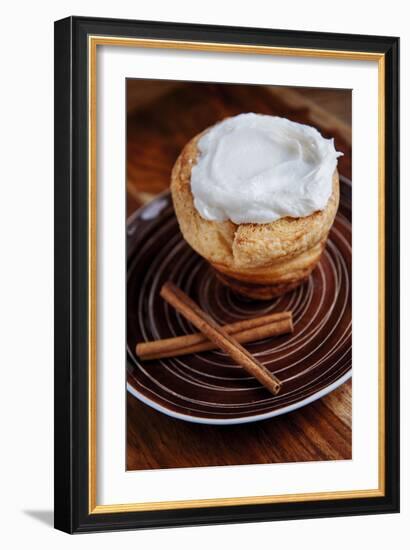 Inside Out Cinnamon Bun Shaped Like A Cupcake Garnished With Light Cream Cheese Icing-Shea Evans-Framed Photographic Print