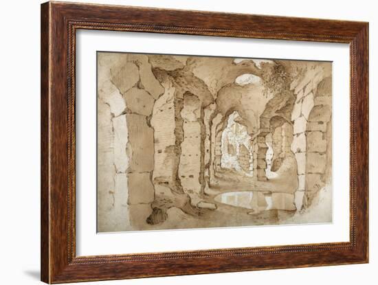 Inside the Ruins of the Colosseum (Pen and Brown Ink with Brown Wash on White Paper)-Sebastian Vrancx-Framed Giclee Print