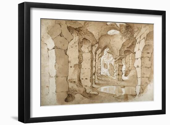 Inside the Ruins of the Colosseum (Pen and Brown Ink with Brown Wash on White Paper)-Sebastian Vrancx-Framed Giclee Print