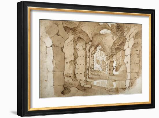 Inside the Ruins of the Colosseum (Pen and Brown Ink with Brown Wash on White Paper)-Sebastian Vrancx-Framed Giclee Print