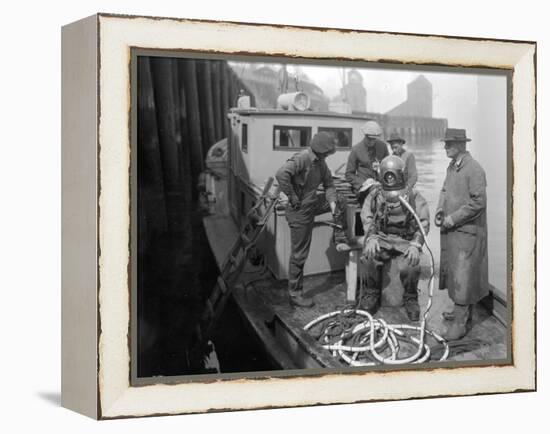 Inspecting the Piles at Tacoma, Diver on Deck in Suit, 1924-Asahel Curtis-Framed Premier Image Canvas