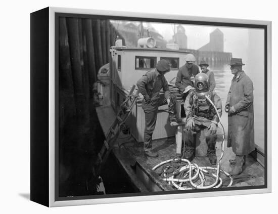 Inspecting the Piles at Tacoma, Diver on Deck in Suit, 1924-Asahel Curtis-Framed Premier Image Canvas