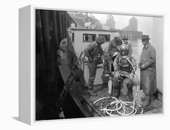 Inspecting the Piles at Tacoma, Diver on Deck in Suit, 1924-Asahel Curtis-Framed Premier Image Canvas