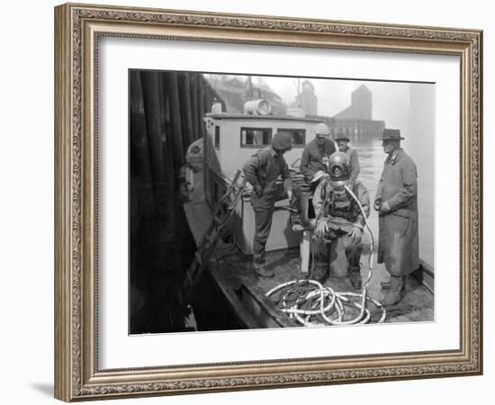 Inspecting the Piles at Tacoma, Diver on Deck in Suit, 1924-Asahel Curtis-Framed Giclee Print