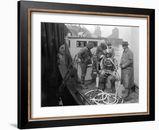 Inspecting the Piles at Tacoma, Diver on Deck in Suit, 1924-Asahel Curtis-Framed Giclee Print