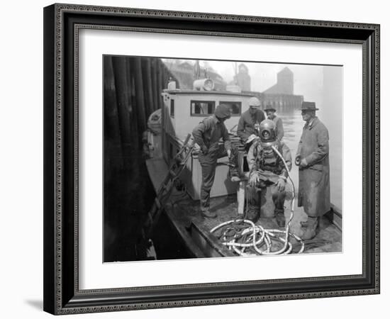 Inspecting the Piles at Tacoma, Diver on Deck in Suit, 1924-Asahel Curtis-Framed Giclee Print