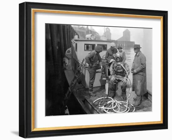 Inspecting the Piles at Tacoma, Diver on Deck in Suit, 1924-Asahel Curtis-Framed Giclee Print
