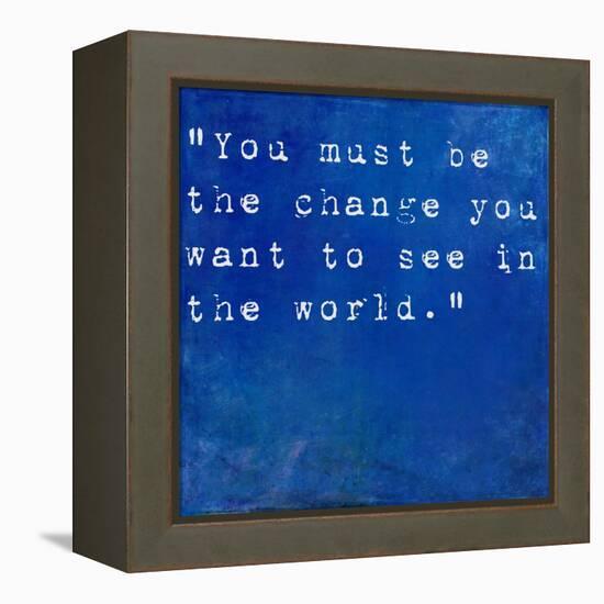 Inspirational Quote By Mahatma Ghandi On Earthy Blue Background-nagib-Framed Stretched Canvas