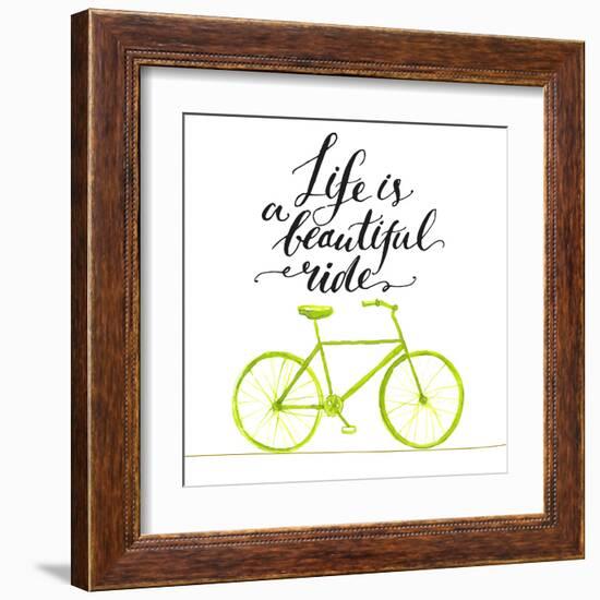 Inspirational Quote - Life is a Beautiful Ride. Handwritten Modern Calligraphy Poster with Green Ha-kotoko-Framed Art Print