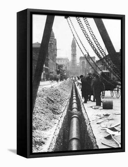 Installing a Water Pipe, North Broad Looking South, Philadelphia, Pennsylvania-null-Framed Stretched Canvas