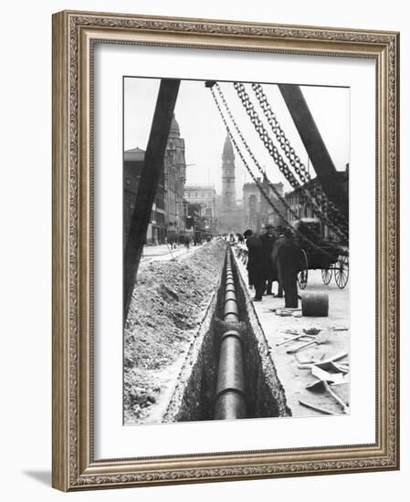 Installing a Water Pipe, North Broad Looking South, Philadelphia, Pennsylvania-null-Framed Photo