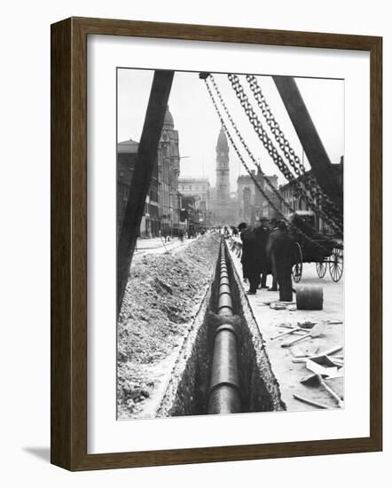 Installing a Water Pipe, North Broad Looking South, Philadelphia, Pennsylvania-null-Framed Photo