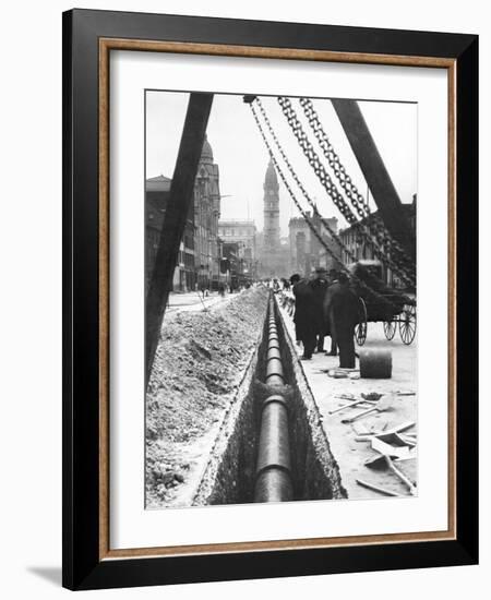 Installing a Water Pipe, North Broad Looking South, Philadelphia, Pennsylvania-null-Framed Photo