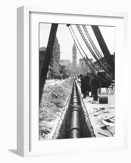 Installing a Water Pipe, North Broad Looking South, Philadelphia, Pennsylvania-null-Framed Photo