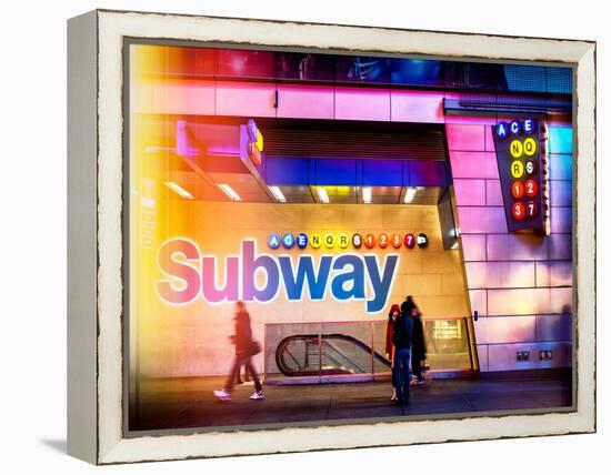 Instants of NY Series - Entrance of a Subway Station in Times Square - Urban Street Scene by Night-Philippe Hugonnard-Framed Premier Image Canvas