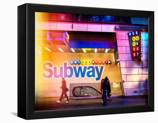 Instants of NY Series - Entrance of a Subway Station in Times Square - Urban Street Scene by Night-Philippe Hugonnard-Framed Premier Image Canvas